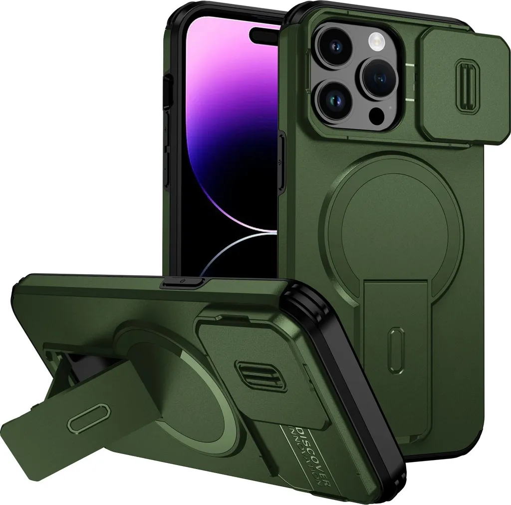 Custodia magnetica per iPhone 14 Pro Max, custodia resistente a due strati con protezione scorrevole della fotocamera e supporto regolabile Verde