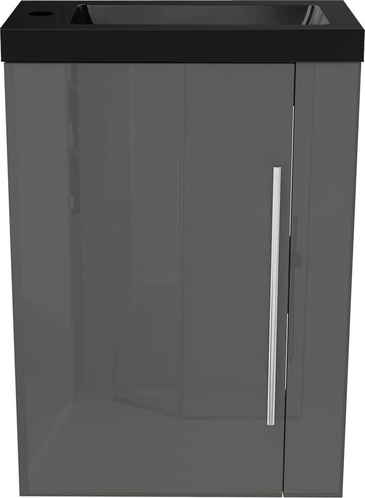 Badmöbel SILVIA 45 cm Schwarz Waschbecken mit Unterschrank Hochglanz Dunklegrau Badezimmerschrank Gäste WC mit Soft Close