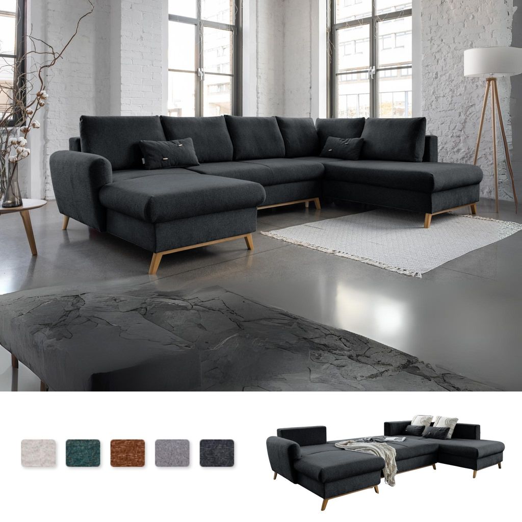 MIUFORM Scandic Lagom - Ecksofa mit Bettfunktion und Bettkasten U-FORM RECHTS - 312x202cm - Dunkelgrau - Sofa Schlafsofa Couch