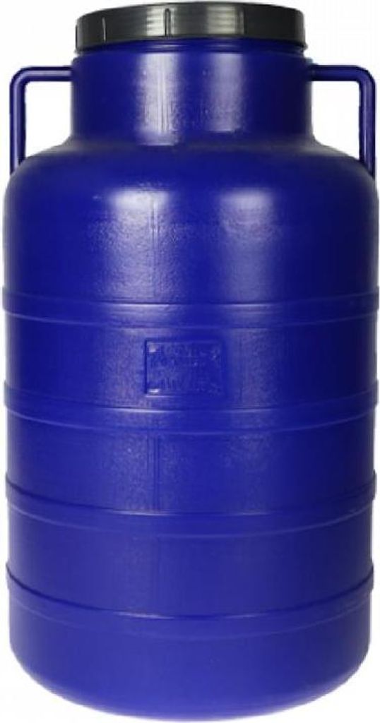 A blue plastic barrel with handles and a gray lid, shown against a white background.