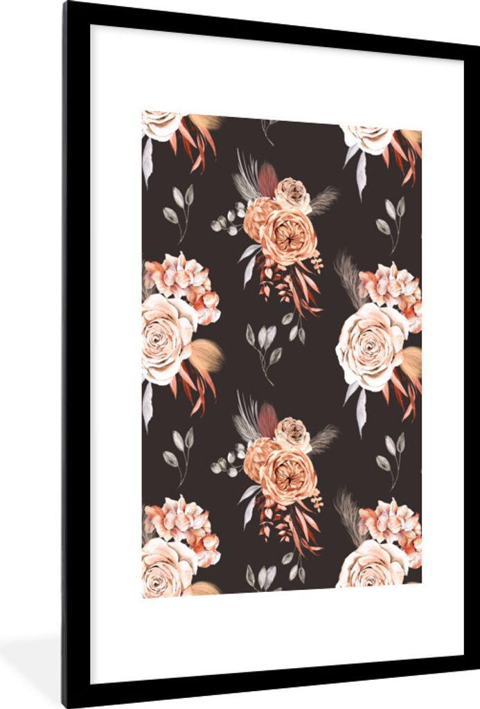 MuchoWow Gerahmtes Poster Rosen - Braun - Blumen 60x90 cm - Poster mit Schwarzem Bilderrahmen Wandposter Rahmen Foto Bilder - Dekoration - Wandpo...