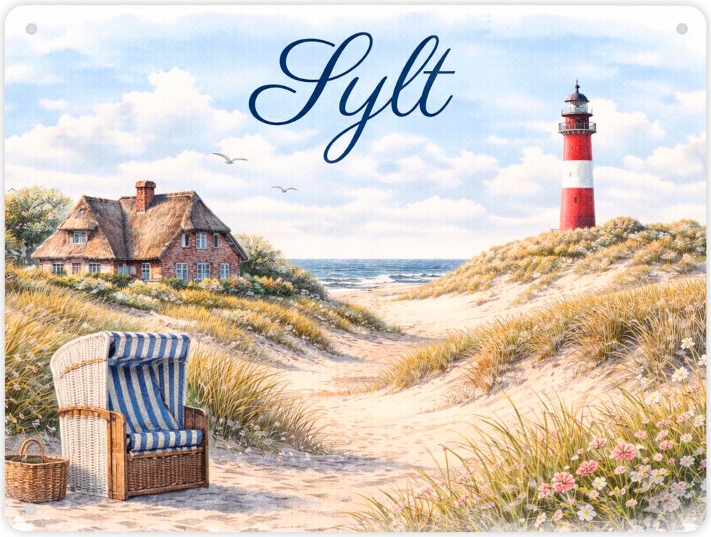 Strandkorb Sylt Metallschild XL in 21x28 cm Leuchtturm Motiv