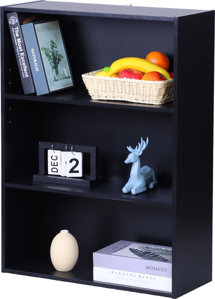 Relaxdays Bücherregal, HxBxT: 82 x 60 x 24 cm, 3 Fächer, verstellbare Böden, Buchregal, Standregal Wohnzimmer, schwarz