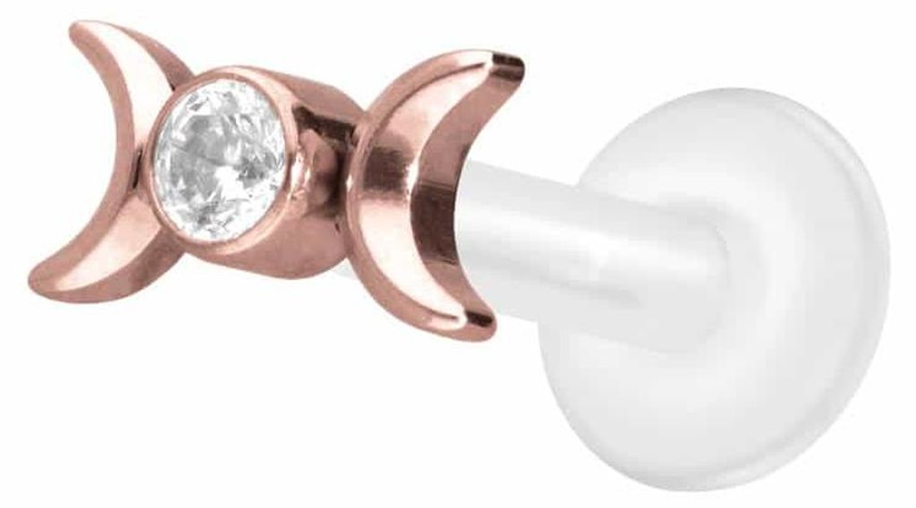 Ohrpiercing, Nasenpiercing PTFE Labret mit Innengewinde + Titan-Aufsatz 2 MONDE + KRISTALL RoséGold Stablänge: 7mm | Stabstärke: 1,6mm