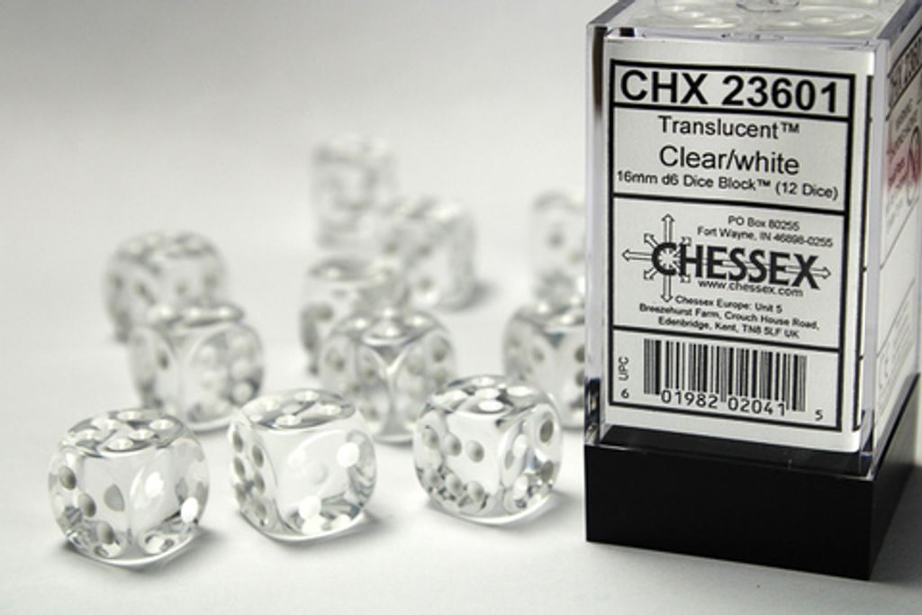 Chessex - Translucent - 12x D6 16mm - Clear/White Produktbild 