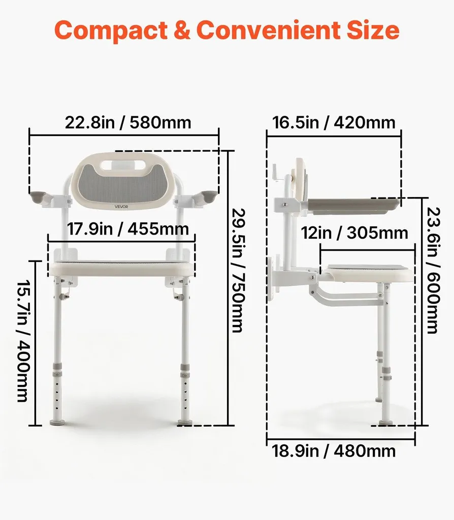 Chaise de douche murale 150kg, pieds ajustables et structure robuste