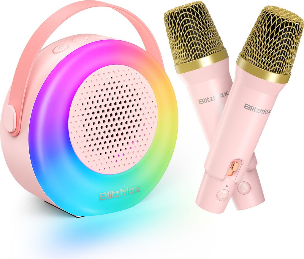 A pink karaoke machine with a colorful LED ring and two pink microphones with gold mesh grills are displayed against a white background.