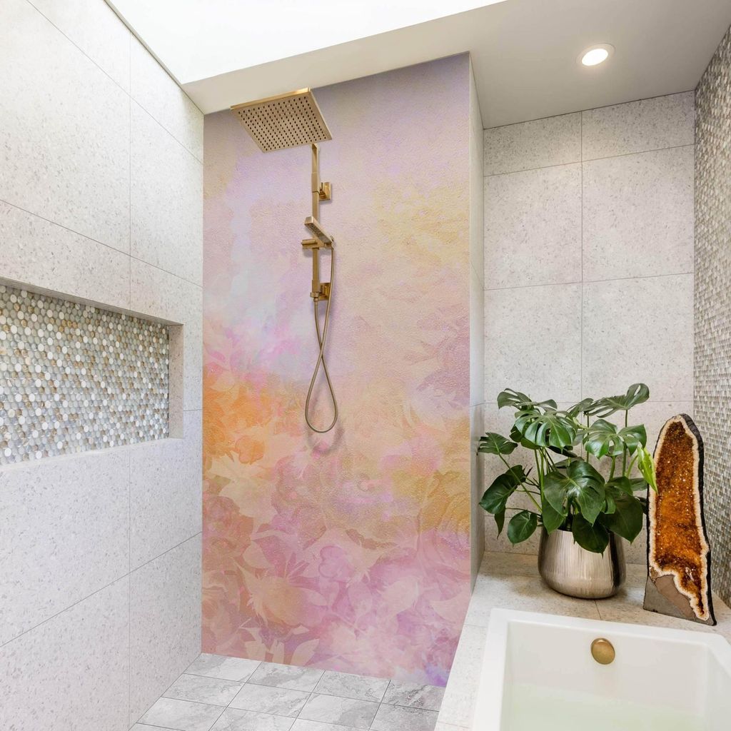 Duschrückwand Blumen selbstklebend - 0.35 mm Wandpaneel wasserfest Rose rosa Badrückwand fugenlos