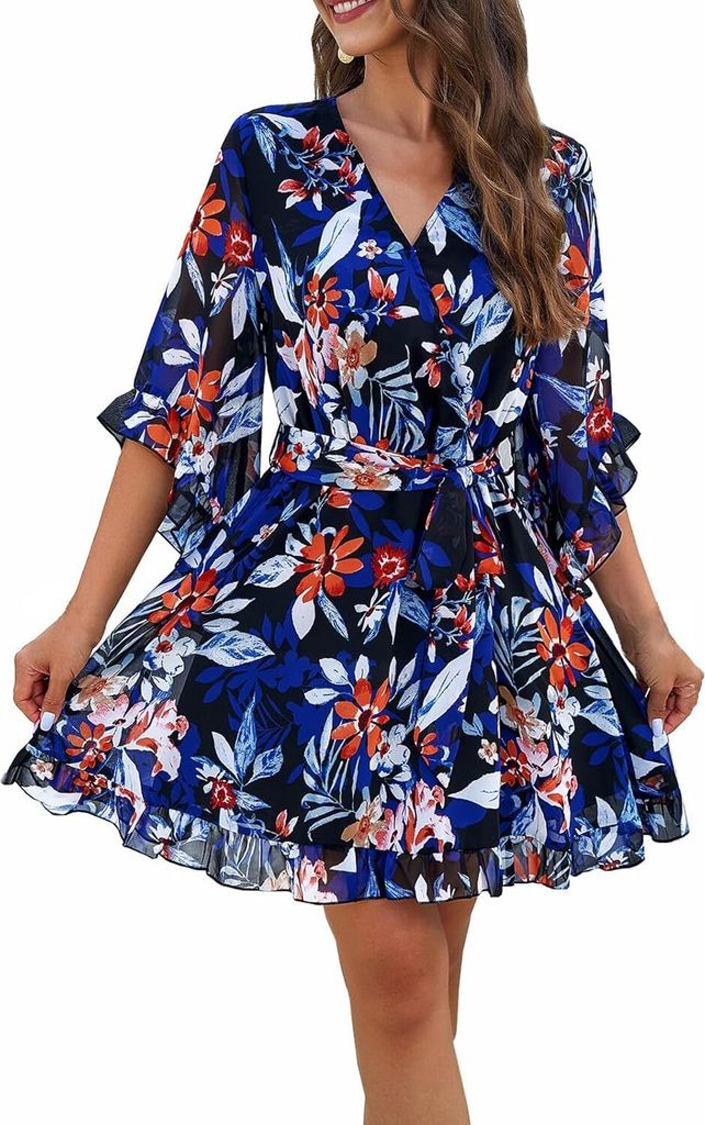 ASKSA Sommerkleid Damen Kurz Elegant Blumen Chiffon V-Ausschnitt Wickelkleid (Schwarz,XL)