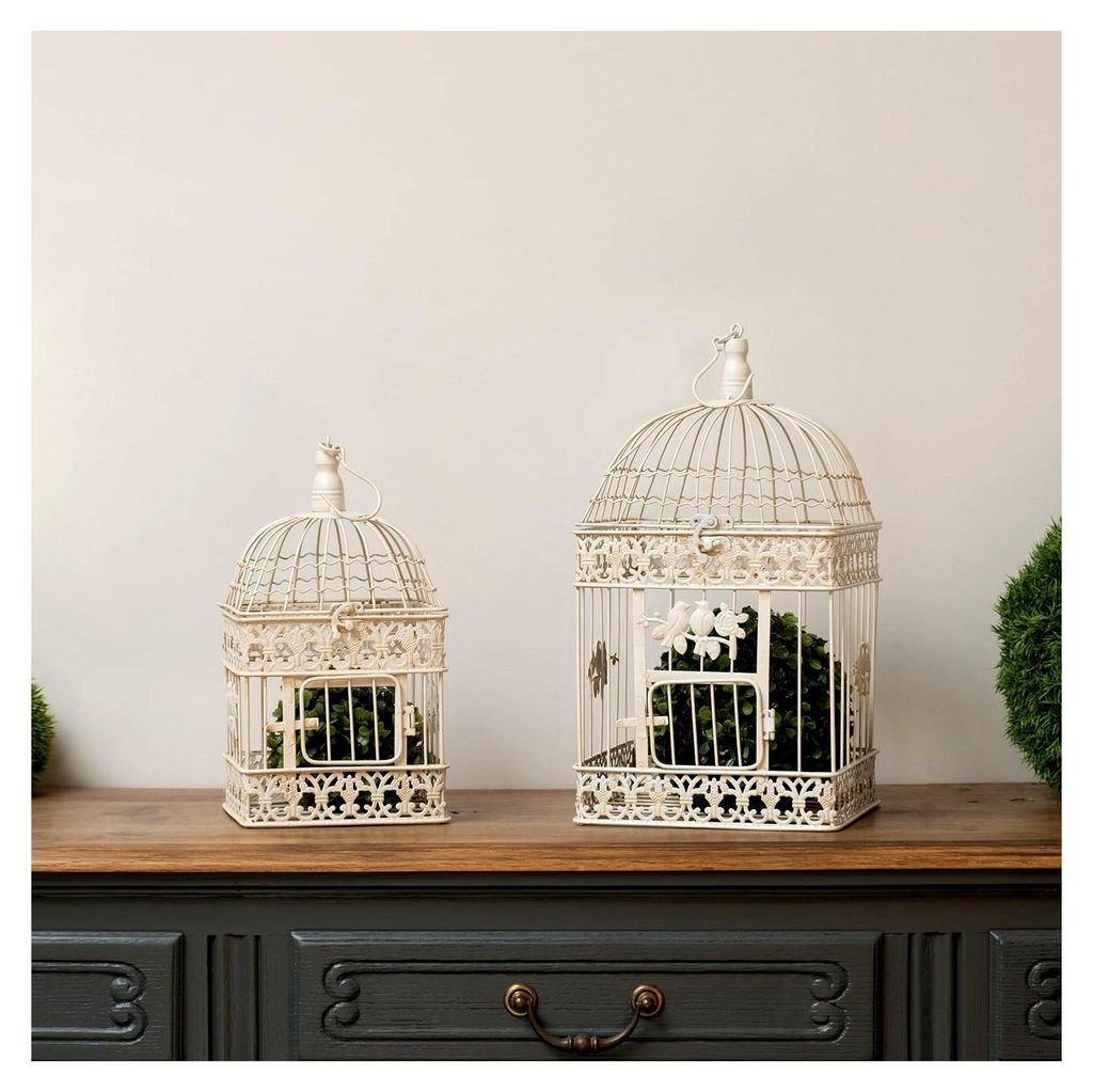 2er Set Vogelkäfig Deko aus Metall in Altweiß H 55/47 cm im Vintage-Stil mit Vogelverzierung zum Hängen oder Stellen