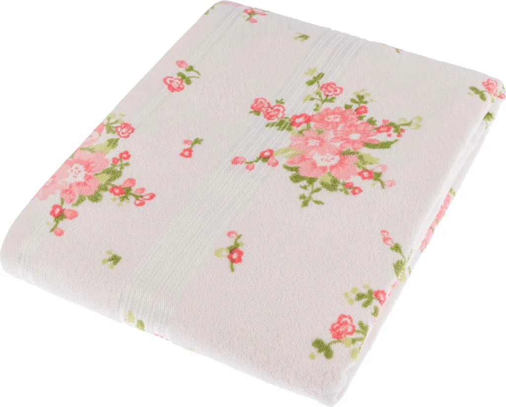 Serviette de Bain 100% Coton Doux Imprimé Fleurs Vintage 100x150 Crème