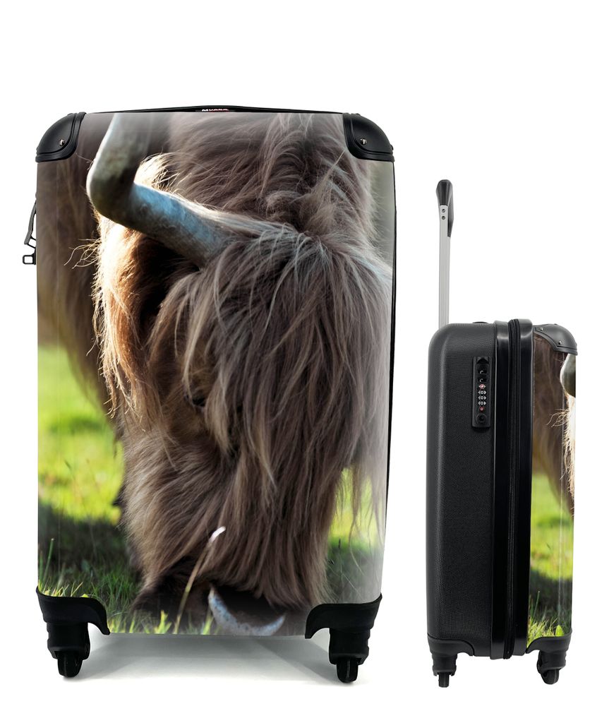 MuchoWow Koffer Handgepäck Trolley Rollkoffer Kleine Reisekoffer mit 4 Rollen - Schottischer Highlander - Hörner - Sonne - Cabin Size < 55x40x2...