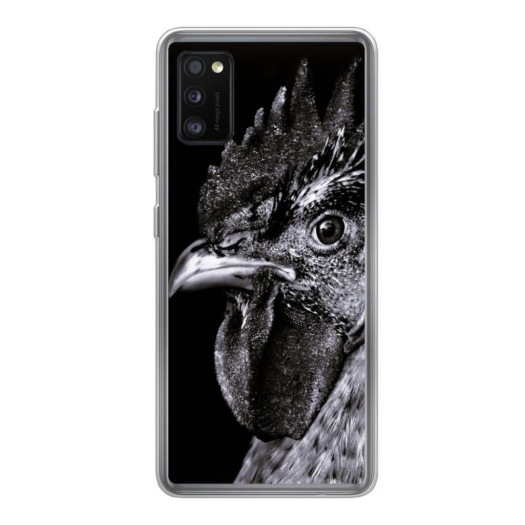MuchoWow Handyhülle Schutzhülle Hülle für Samsung Galaxy A41 Hahn - Vogel - Schwarz - Weiß Silikon Softcase Handy Hülle - Mobiltelefon