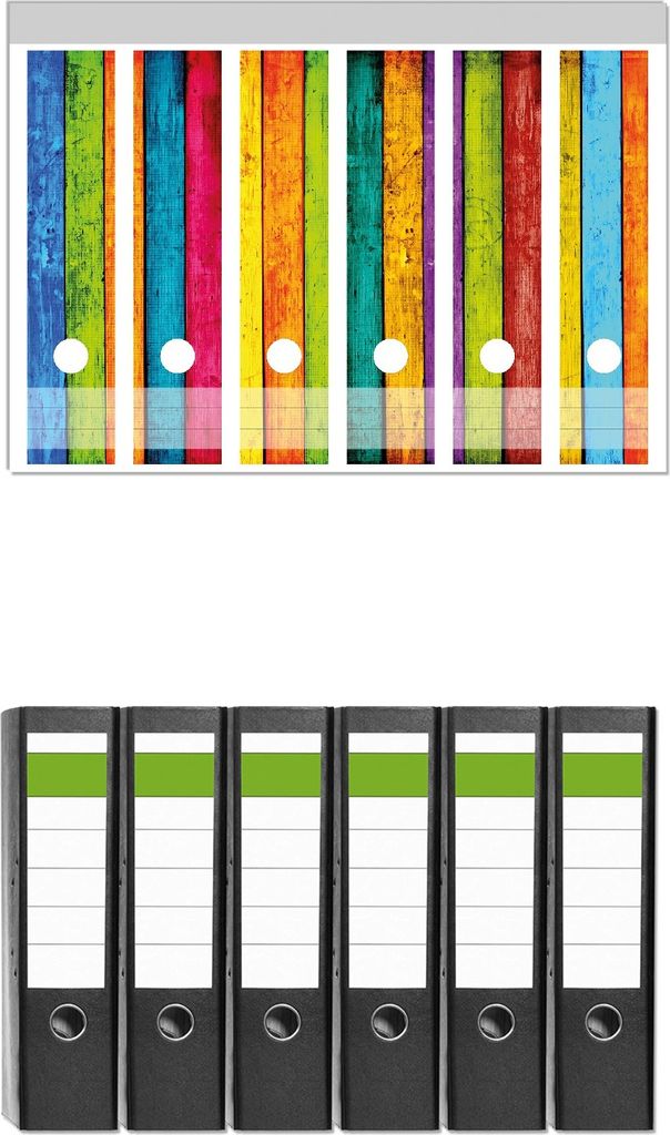Wallario 6 Stück breite Ordner inkl. Klebeetiketten mit Motive Buntes Holz - bunte Streifen mit Farbe und Holzstruktur - Set mit Rückenschildern...