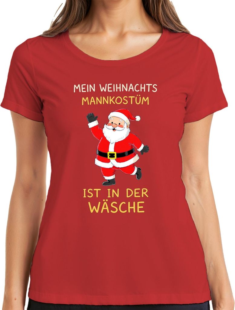 Weihnachtsmannkostüm in der Wäsche Weihnachten Nikolaus Lustig Damen T-Shirt, Rot, L