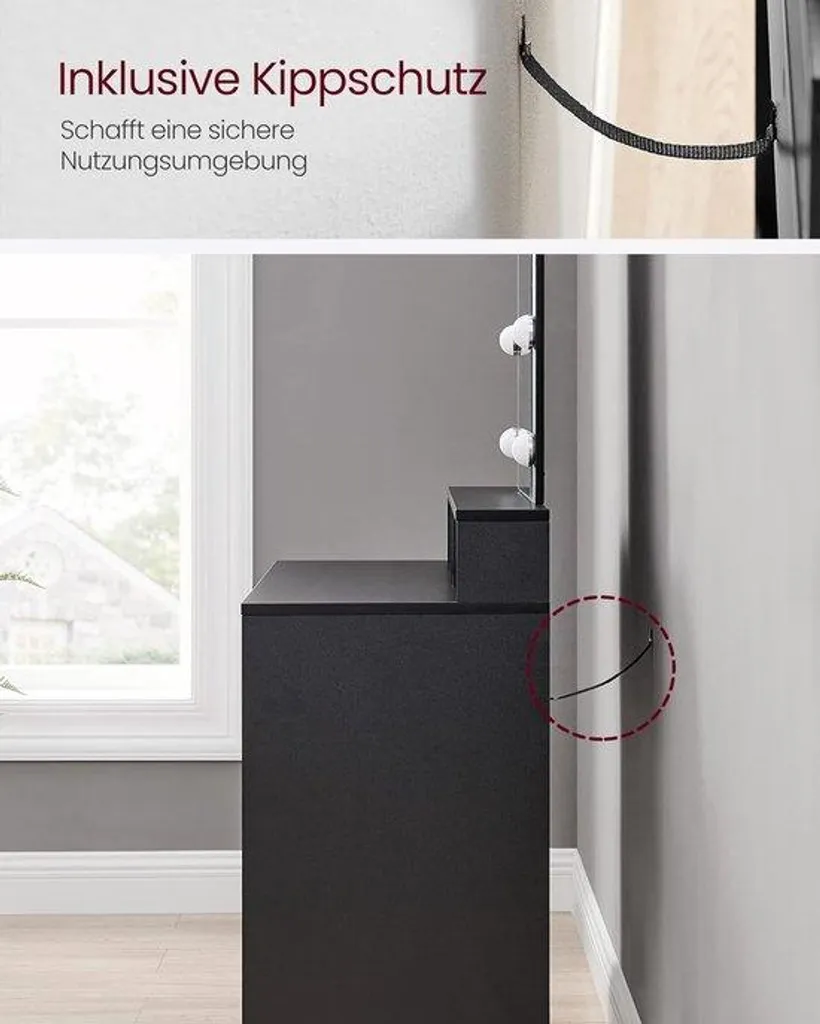 Coiffeuse noire moderne avec miroir lumineux LED et rangements - Soria