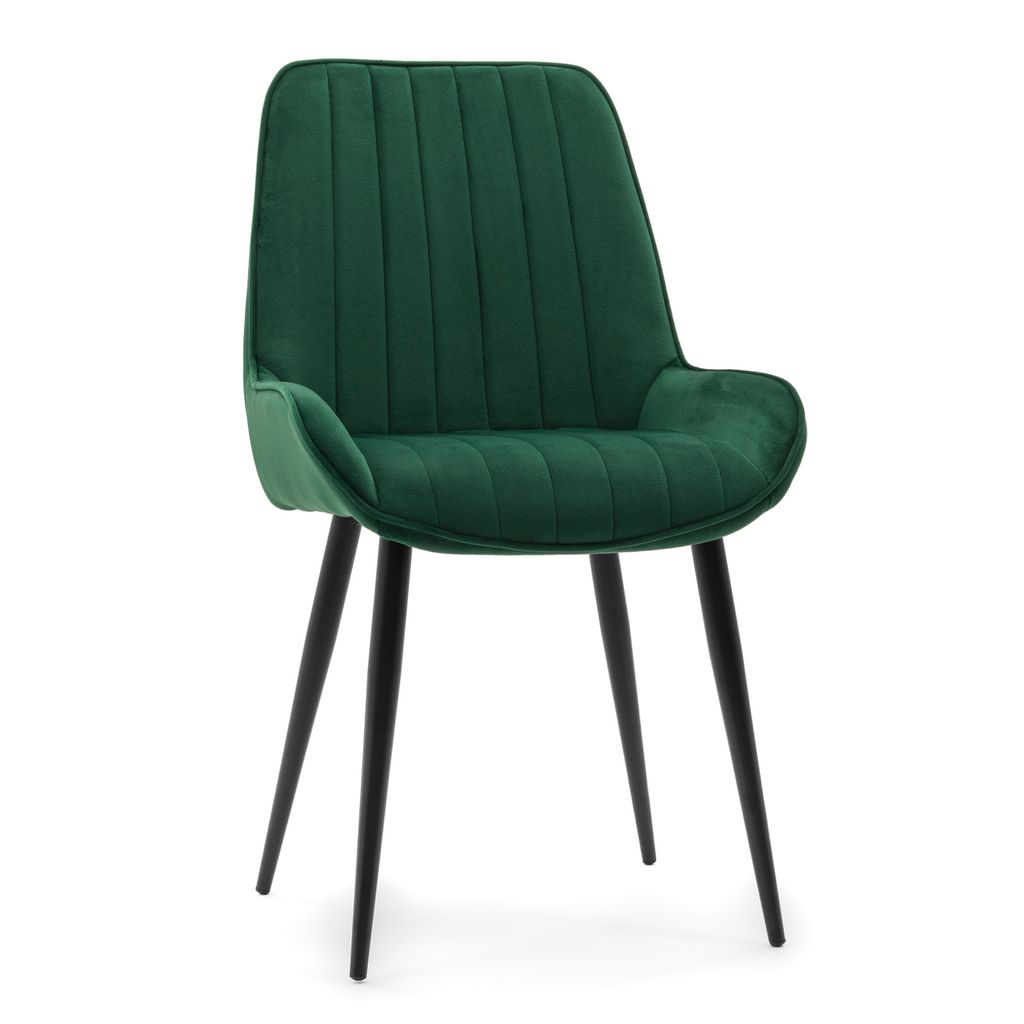 A single green upholstered chair with black legs against a white background.