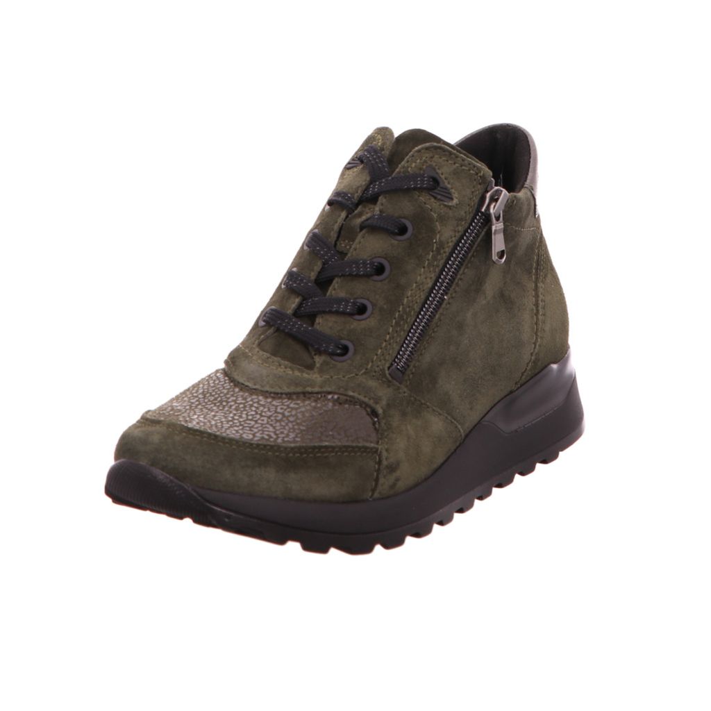 A single green leather and textile bootie is shown against a white background.