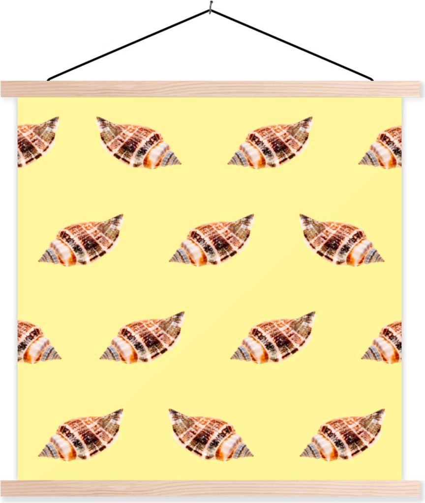 MuchoWow Textilposter Muscheln - Muster - Gelb 120x120 cm mit holzfarbenen Rahmen - Textil-Poster