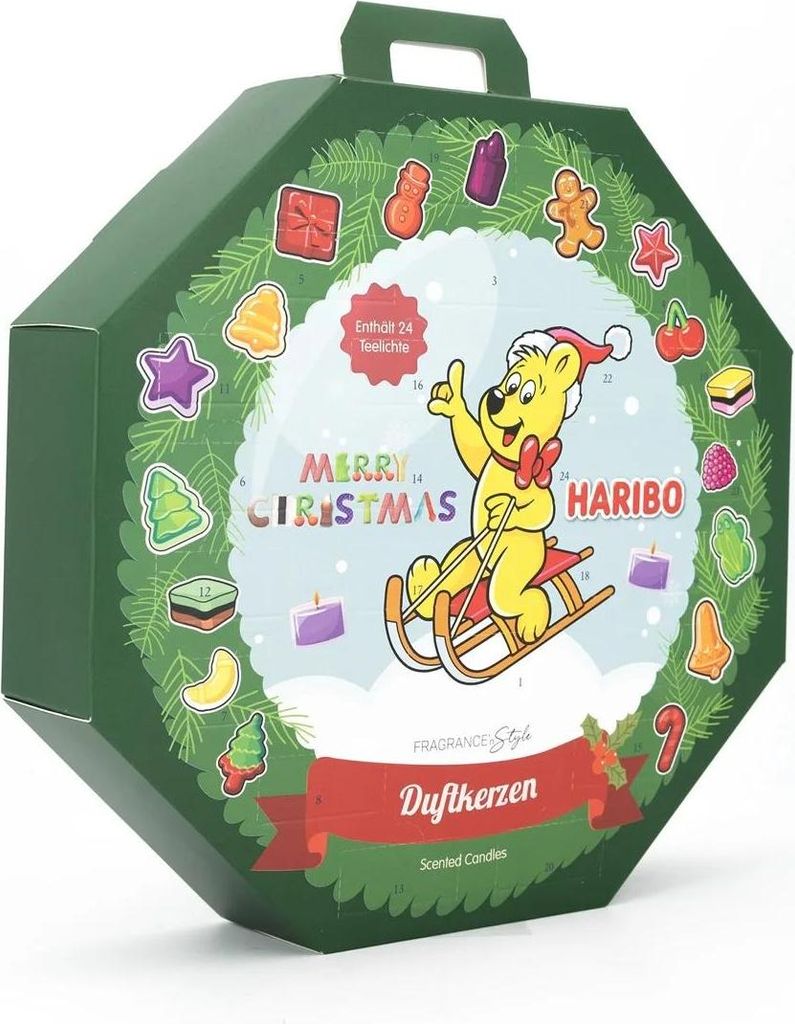 A green advent calendar shaped like a house, decorated with Christmas-themed images and the Haribo bear character.