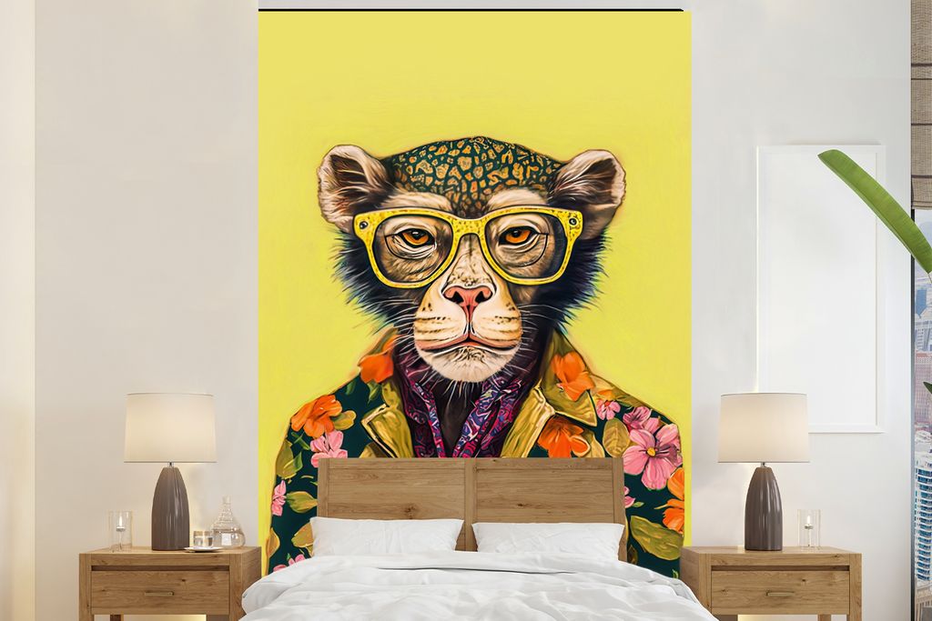 MuchoWow Fototapete für Wohnzimmer oder Schlafzimmer Wandtapete Vinyl Motivtapete Affe - Tiere - Brillen - Design - Blumen - 155x240 cm - Tapete