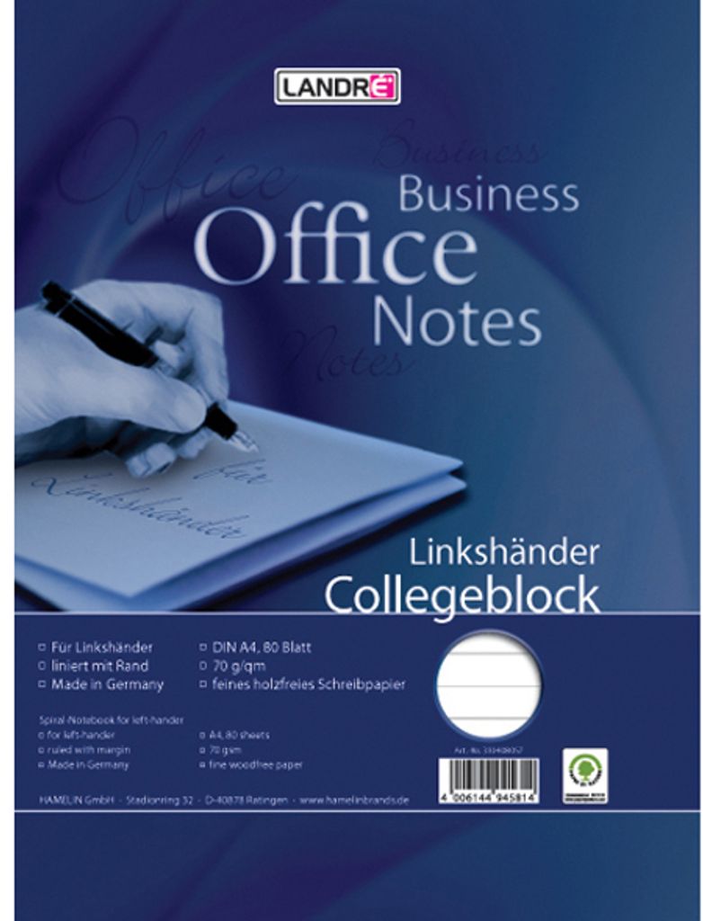 LANDRÉ Linkshänder Collegeblock DIN A4+ liniert 80 Blatt
