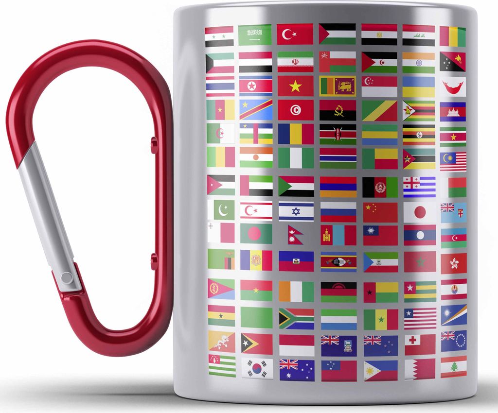 Trendation - Flaggen Der Welt Edelstahl Tasse Karabiner Geschenk Reisen Weltreise Geschenkidee Flagge Jedes Land (Rot)