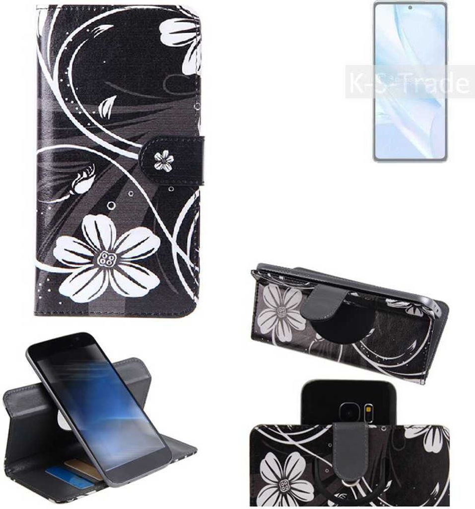K-S-Trade Schutzhülle Handyhülle kompatibel mit Motorola Edge S Pro Hülle 360° Wallet Case ''Flowers'' Klapphülle Hülle schwarz-weiß 1x