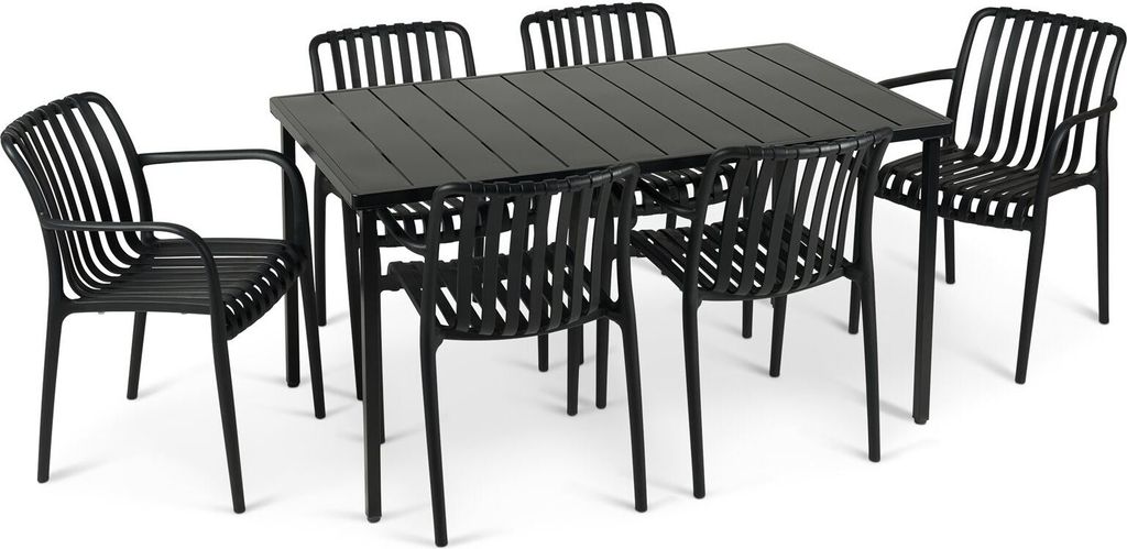 Gartenmöbel Set TULIPANO mit 1 Tisch & 6 Stühle in schwarz. Wetterfestes Aluminium & UV-beständiges Kunststoff. Outdoor Sitzgruppe für Terrasse...