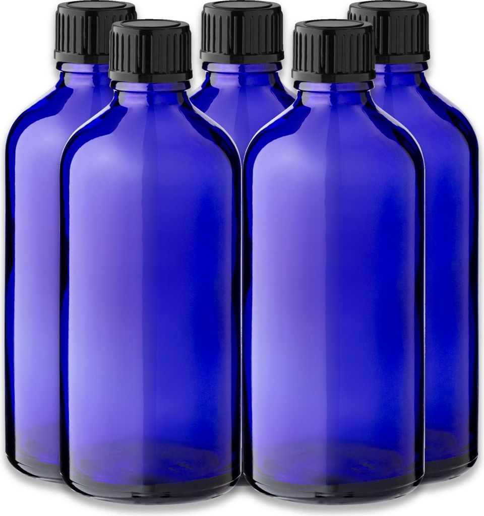 5x Blaue Glasflasche 100 ml mit schwarzem Produktbild 