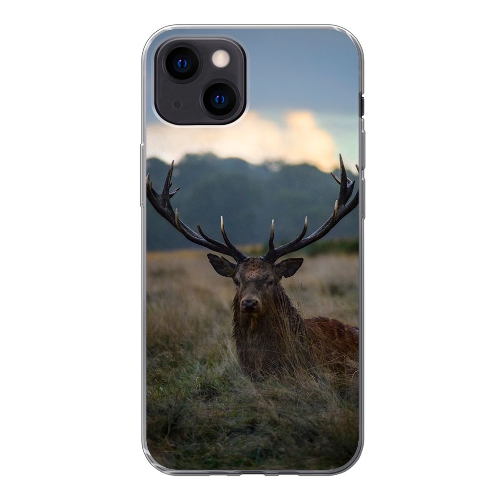 MuchoWow Handyhülle Schutzhülle Hülle für iPhone 13 mini Hirsch - Wiese - Geweih Silikon Softcase Handy Hülle - Softcase