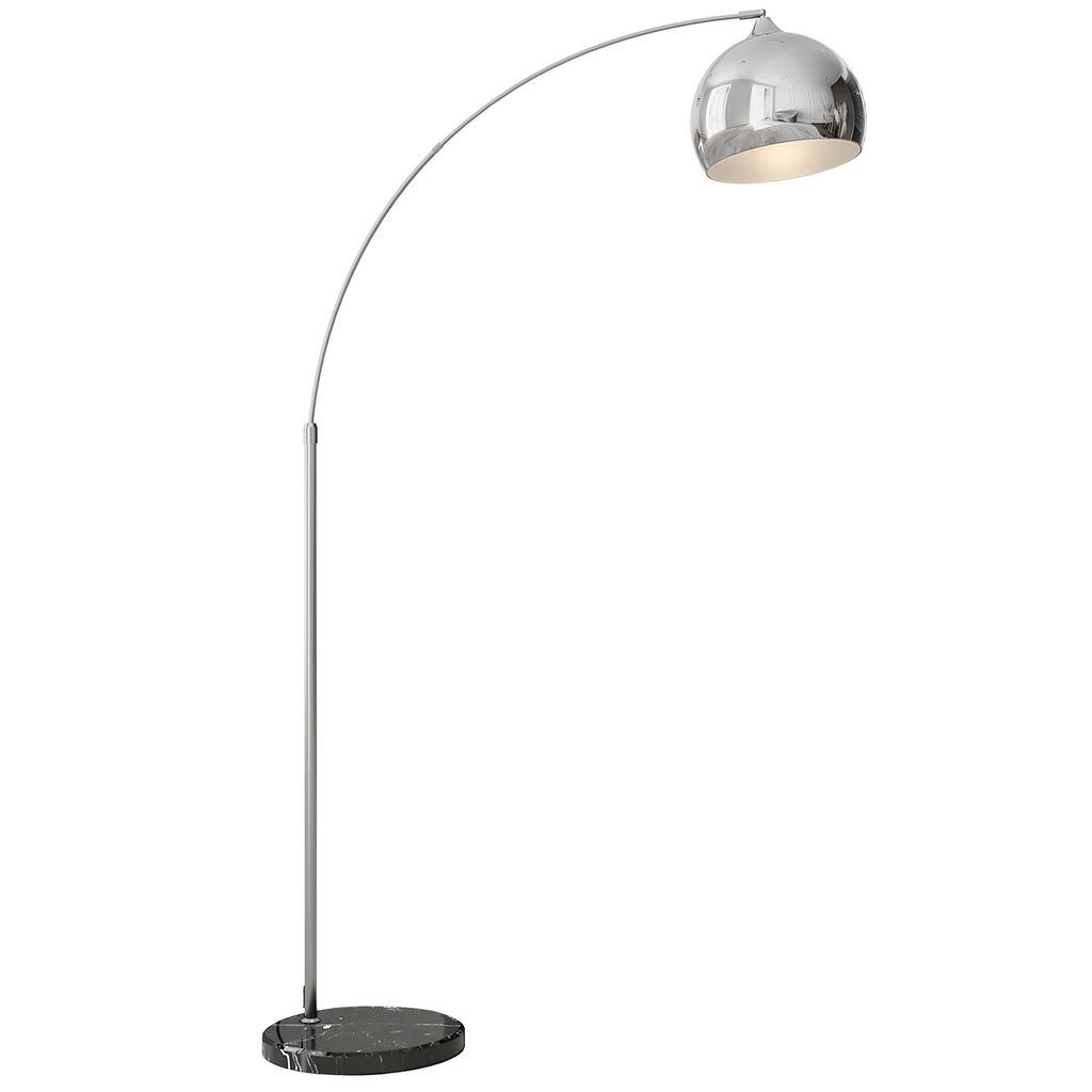 A silver arc floor lamp with a marble base against a white background.