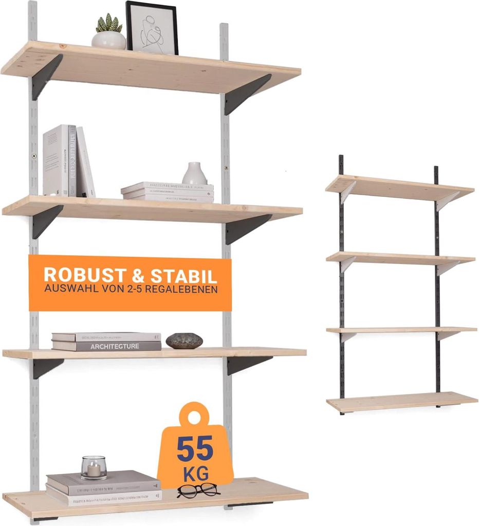 BOOMET Wandregal Metall mit Boden · Regal in 50 Varianten · Höhe: 100cm · 4 Ebenen in 80 x 50 cm · anthrazit · Wandschienen Regalsystem