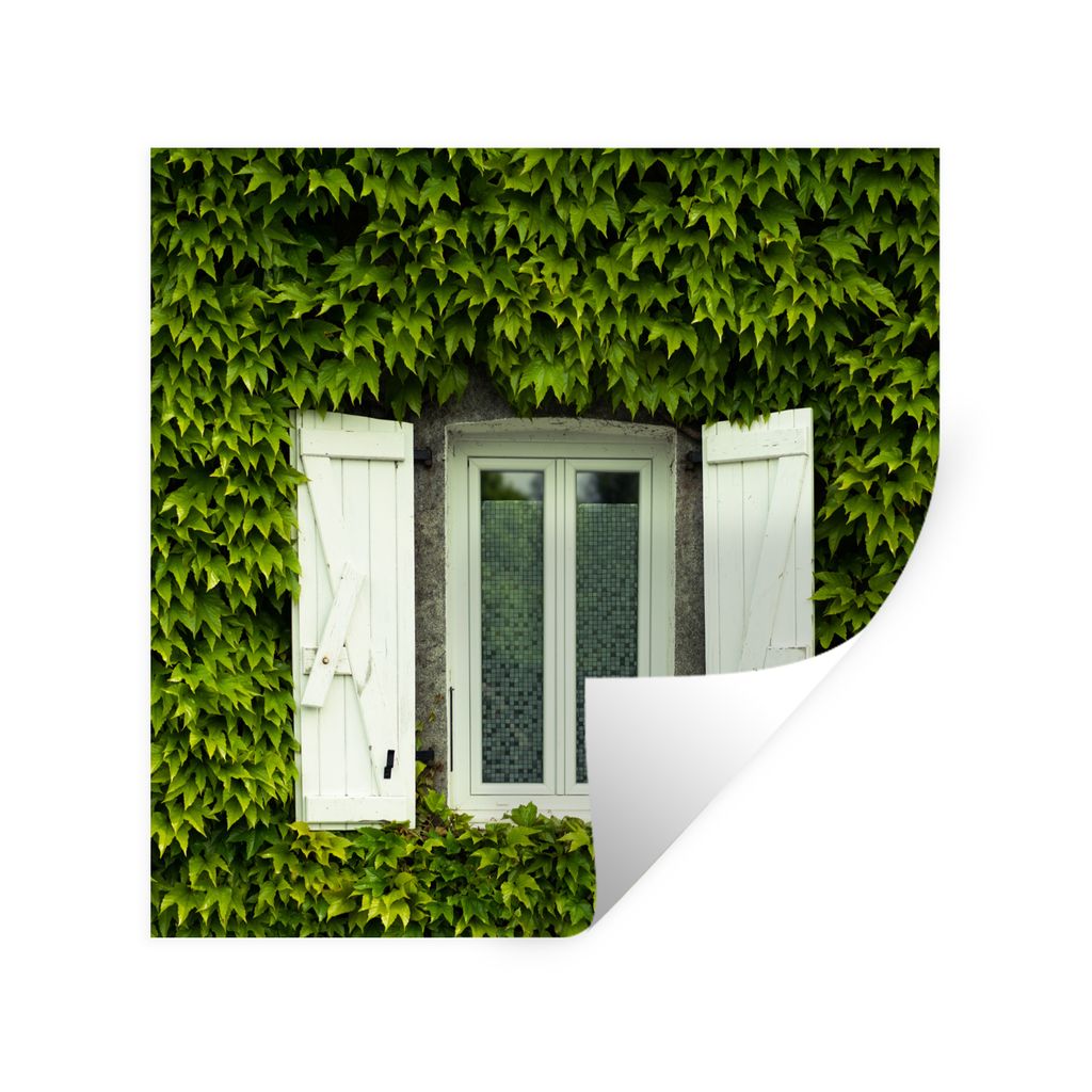 MuchoWow Wandtattoo Wandsticker Wandaufkleber Fenster mit Fensterläden zwischen Kletterpflanzen 30x30 cm Selbstklebend und Repositionierbar - Re...