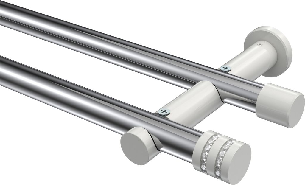 Interdeco Gardinenstange / Vorhangstange Chrom / Weiß, Typ Platon Estana (Glitzerkappe) ohne Ringe, 20 mm Ø 2-läufig, 480 cm