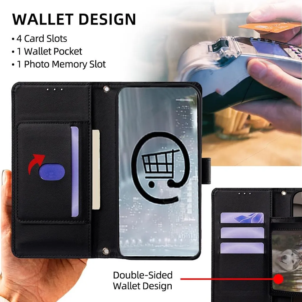 INF Custodia a libro per iPhone 15 Pro Max, PU+TPU, nera, con supporto e porta carte - 4