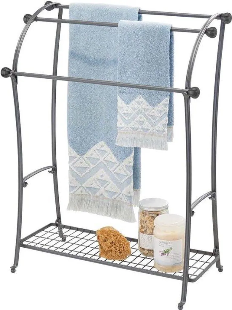 Porte-serviettes autoportant gris avec panier de stockage gain de place