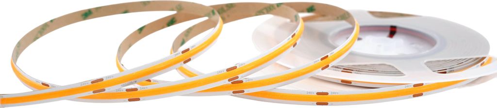COB LED Streifen 8 mm – 480 LEDs/m, 24V, 10W/m, 921 lm/m, 5m – Gelb, IP33, punktfrei
