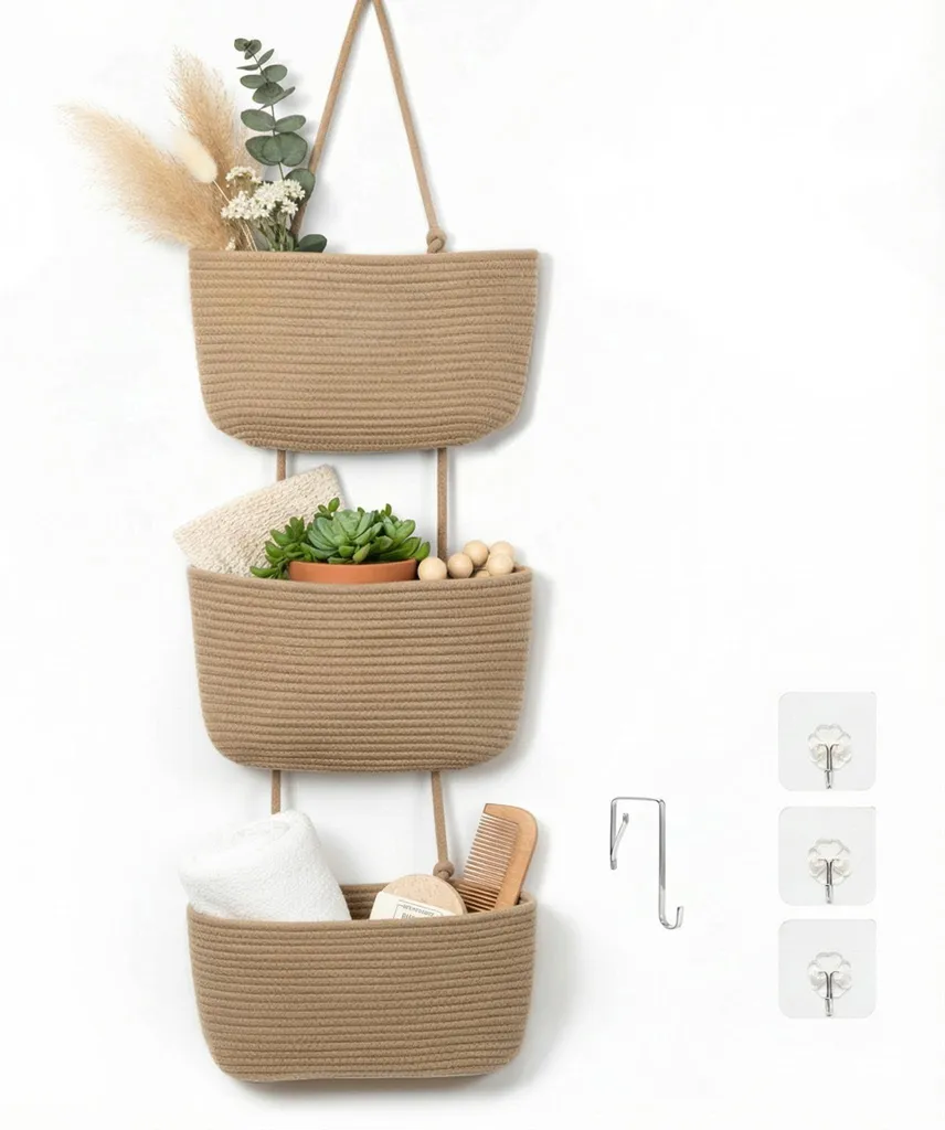 Panier de rangement porte sdb suspendu 3 étages jute corde, anti-désordre