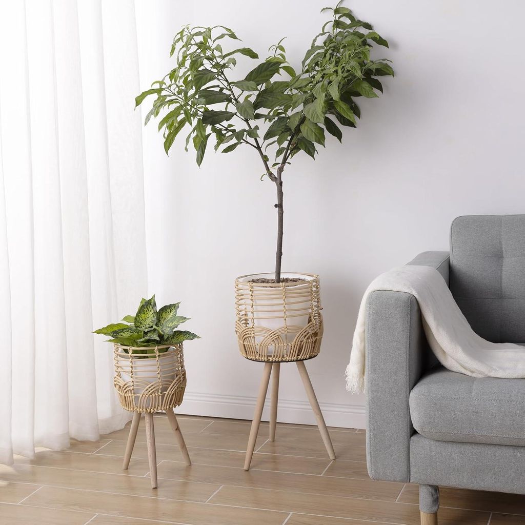 Pflanzenständer für drinnen und draußen - Set von 2 - Rattan Blumentopfständer - Höhen 60 und 45 cm