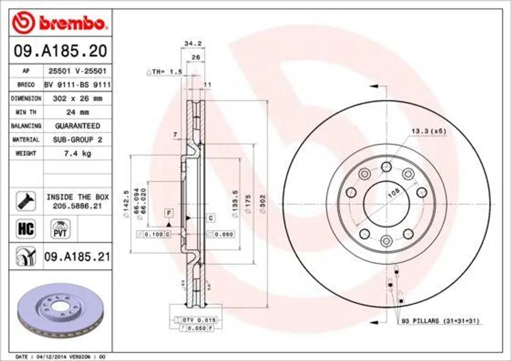 Disque de frein Brembo 09.A185.21 pour Peugeot RCZ performance OE 4249F8