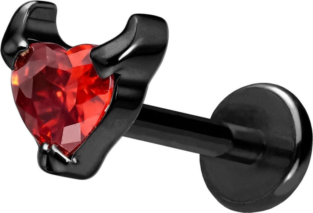 Ohrpiercing, Nasenpiercing Titan Labret mit Push Fit TEUFELSHERZ Schwarz Stablänge: 10mm | Stabstärke: 1mm