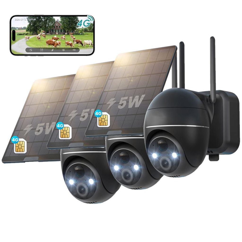 3 Stück 4G LTE Überwachungskamera Aussen Akku mit SIM Karte 2K Kabellos Solar PTZ IP Kamera Outdoor Ohne WLAN Farb-Nachtsicht PIR Erkennung