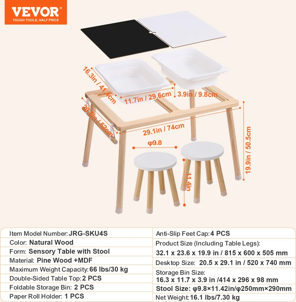 Table sensorielle VEVOR avec porte-rouleau papier et 2 récipients