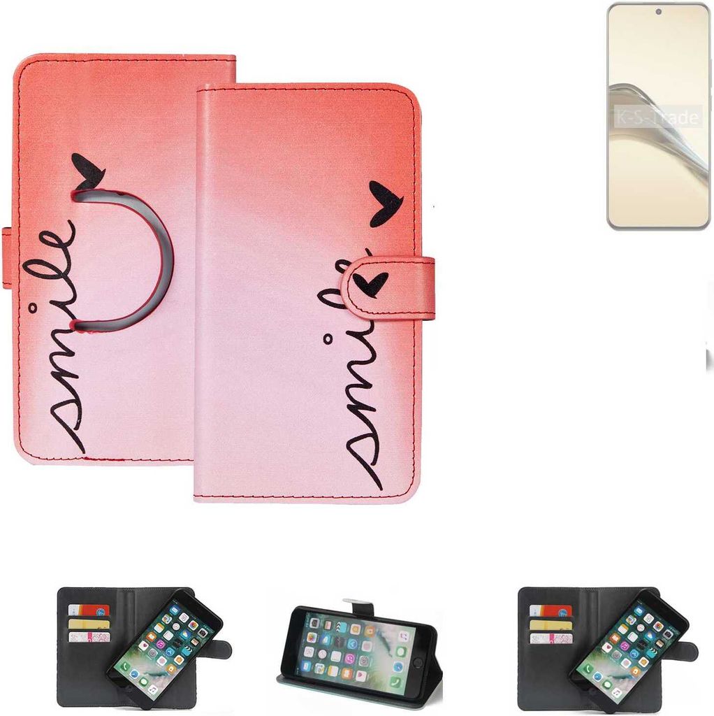 K-S-Trade Schutzhülle Handyhülle kompatibel mit Realme 13 Pro 5G Hülle cover bookstyle Etui ''smile'' rot Standfunktion Kameraschutz (1Stk)
