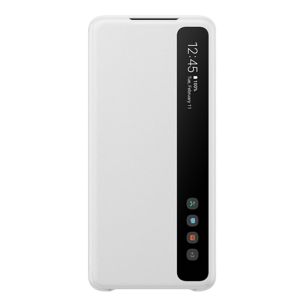 A white Samsung flip phone case with a black transparent window showing the phone's screen.