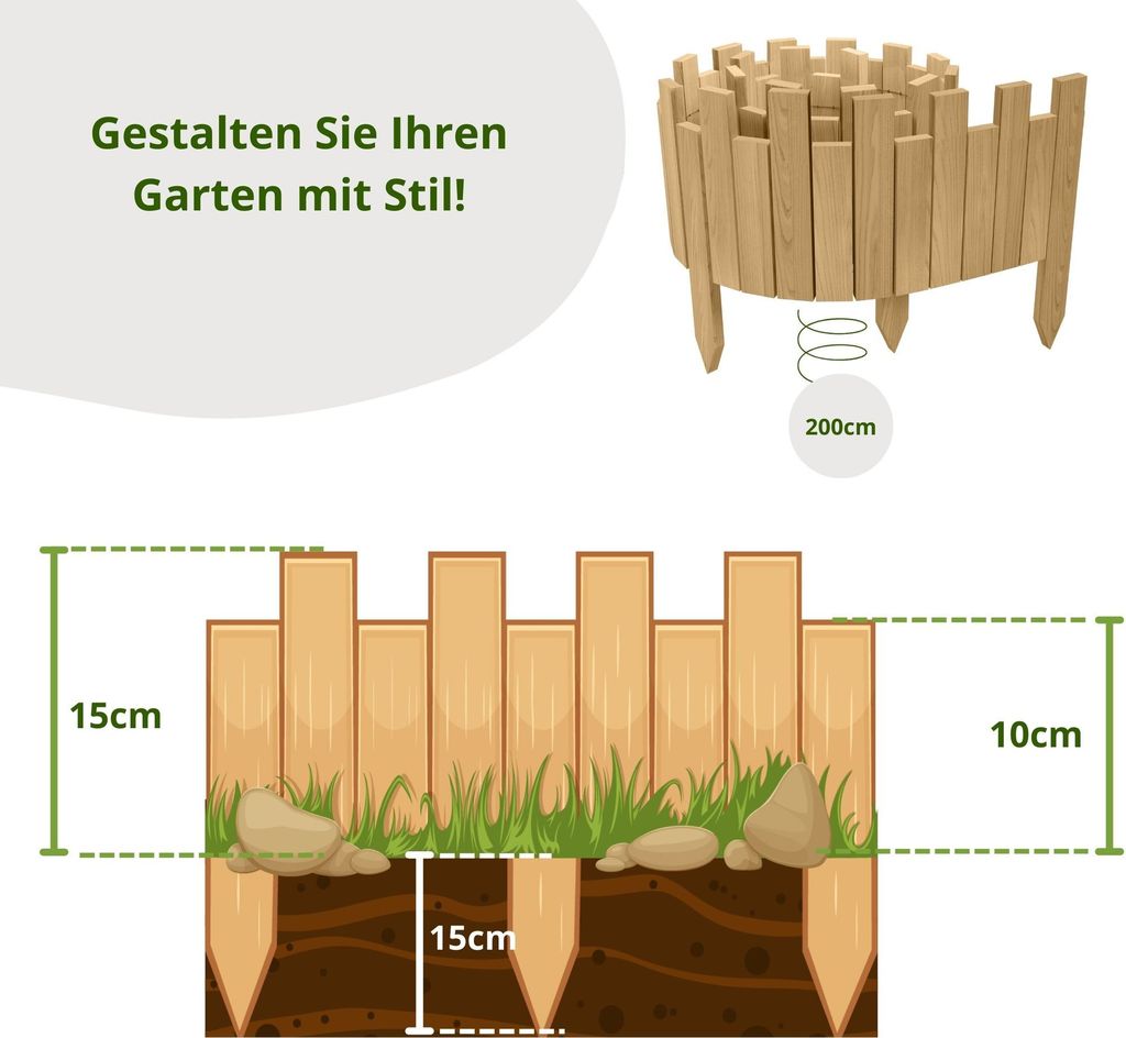 Floranica Beeteinfassung Rasenkante Holz Rollzaun Holzzaun 200 x 15 cm Natur imprägniert Flexible Rollborder Palisade Gartenzaun