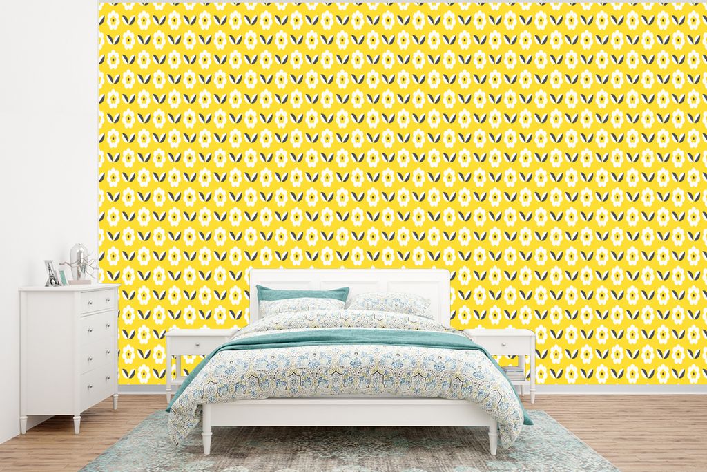 MuchoWow Fototapete für Wohnzimmer oder Schlafzimmer Wandtapete Vinyl Motivtapete Blume - Gelb - Muster - Sommer - 320x240 cm - Tapeten