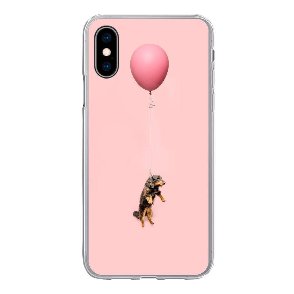 MuchoWow Handyhülle Schutzhülle Hülle für iPhone X Dackel schwebt durch einen Ballon nach oben Silikon Softcase Handy Hülle - Handyhülle