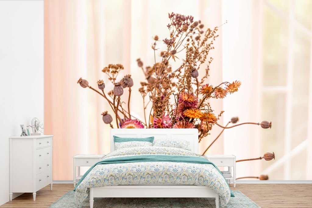 MuchoWow Fototapete für Wohnzimmer oder Schlafzimmer Wandtapete Vinyl Motivtapete Getrocknete Blumen - Stillleben - Farben - 330x220 cm - Fotota...
